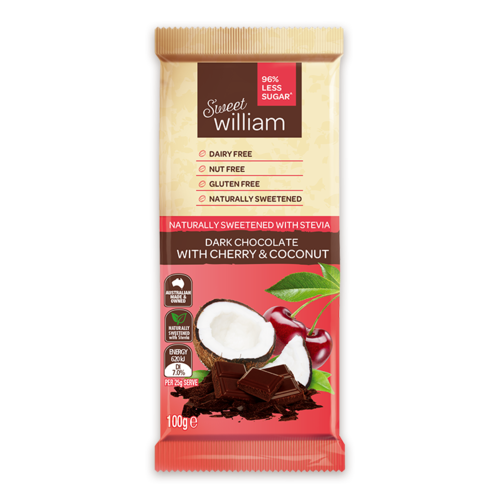 Sweet William Dark Choc, Cherry & Coconut 96% Less Sugar 100g